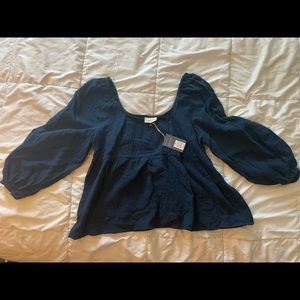 Universal Thread Goods Co Womens Blouse Navy BOHO Peasant Balloon Sleeve